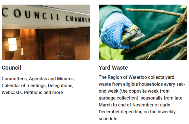 Screenshot of image of Council Chambers and text underneath describing info on Council page and image of tree branch cutting and text underneath describing info on Yard Waste page.